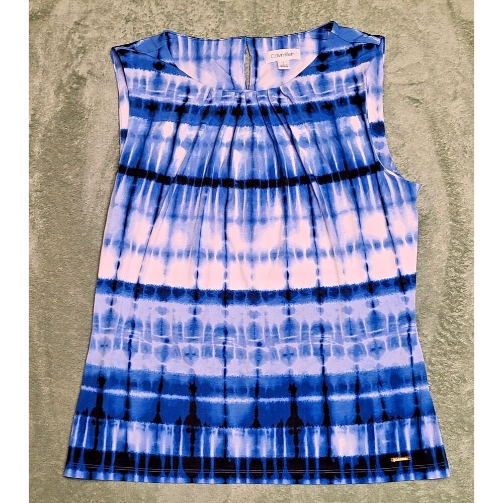 Calvin Klein Women’s Top 1X Blue Sleeveless Pleated Blouse Career Business